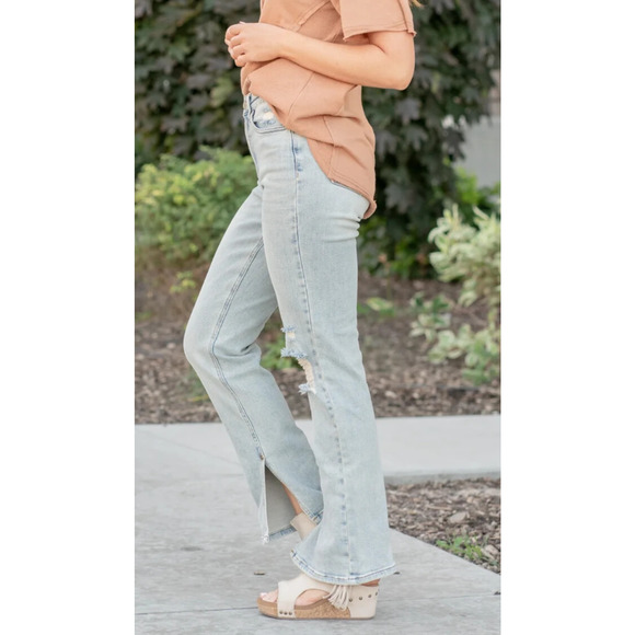 Judy Blue Adrian High Rise Straight Leg Jeans Distressed Slit Hem Size 11 30 - Picture 16 of 16